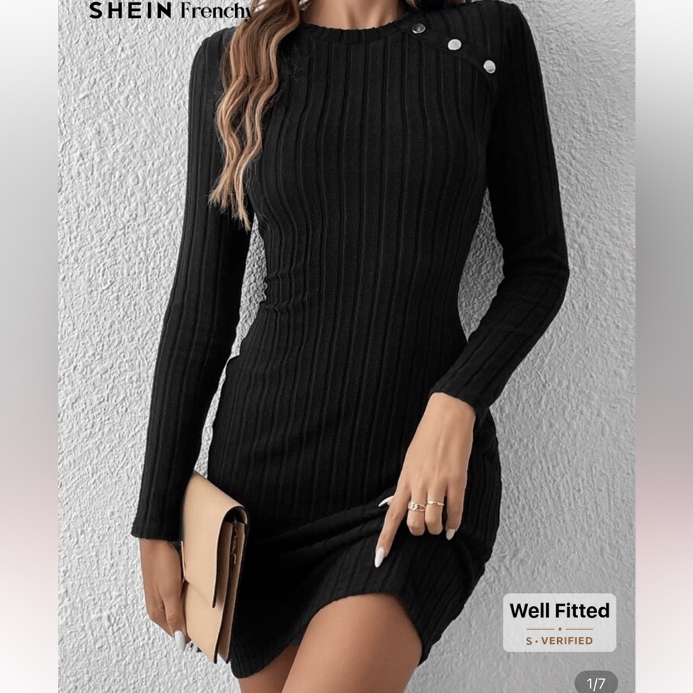 Black Long Sleeve Ribbed Knit Dress